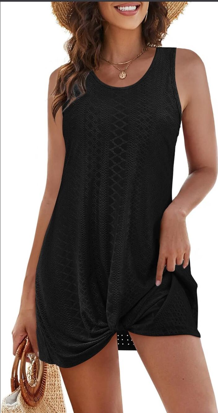 BKRIVE Women's 2XL Swimsuit Cover-Up Eyelet Twist Crew Neck Dress Black NWT